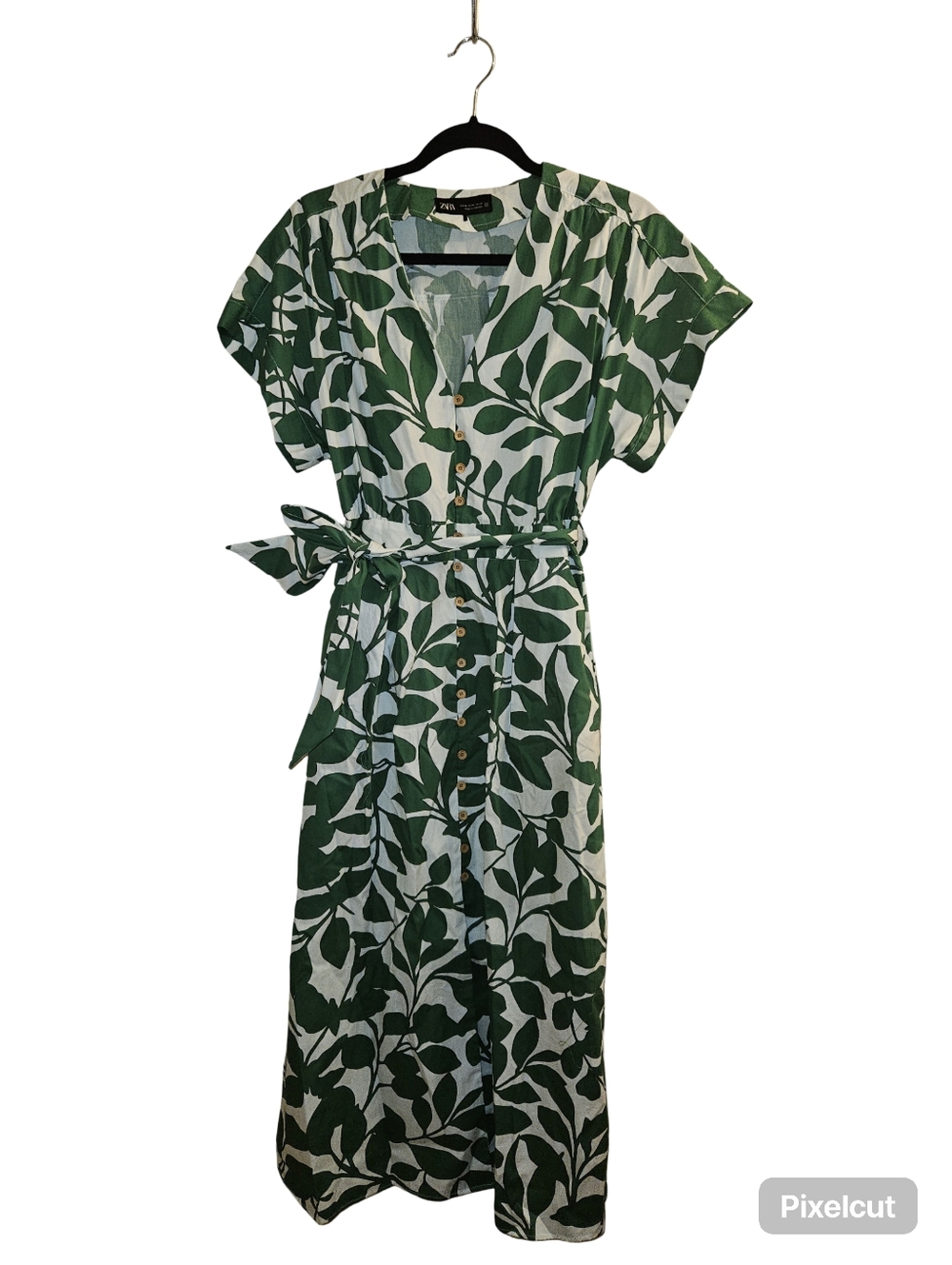 Green Leaf Print Button-Front Belted Midi Dress - Zara